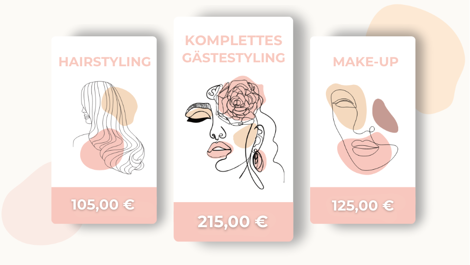 Preisübersicht für Gästestyling in Augsburg mit Hairstyling, Make-up und komplettem Gästestyling für Trauzeuginnen, Mamas und Hochzeitsgäste